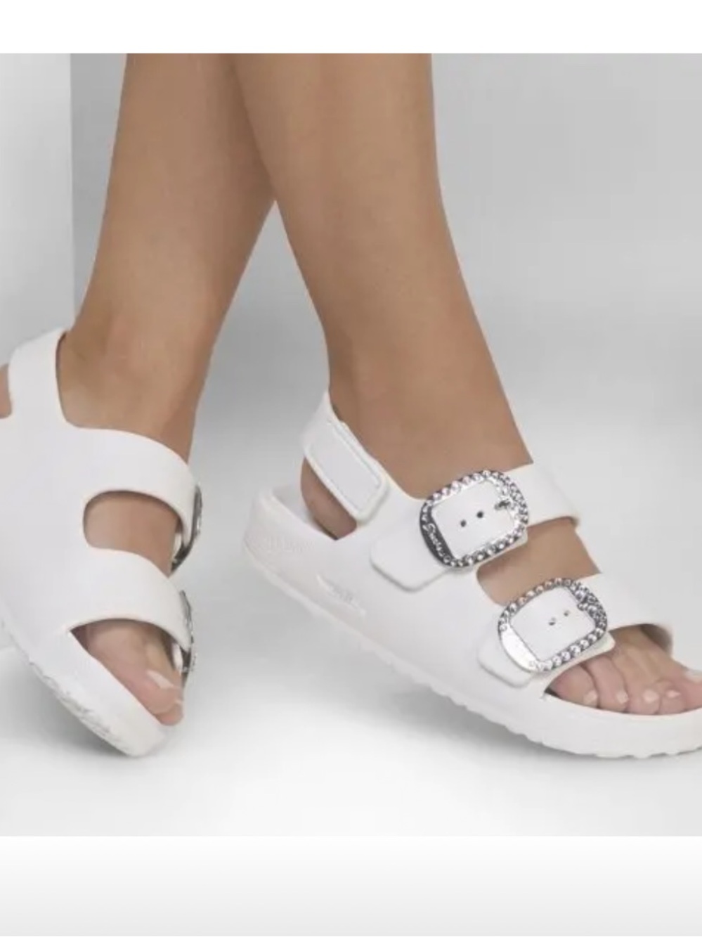 Sketchers  White Women's Buckle Sandals with Jewel Accents
